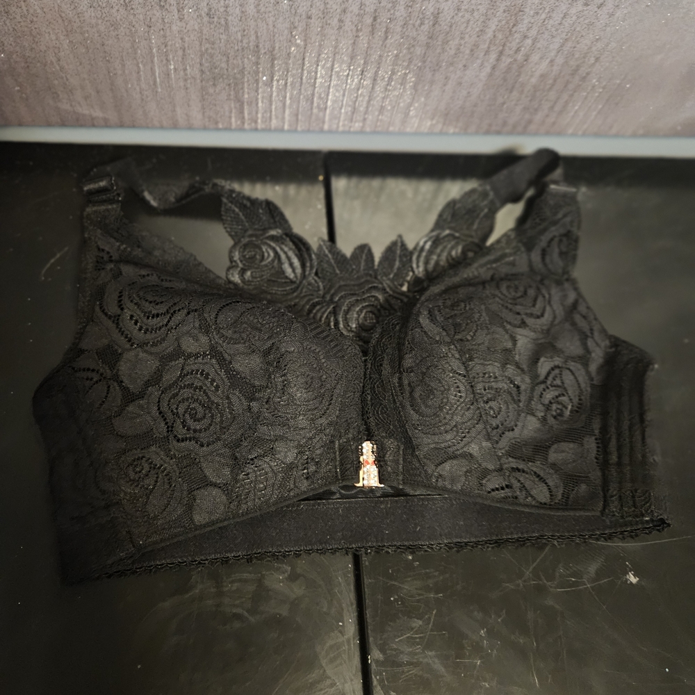 Lace Longline Bralette with Floral Detail - Black